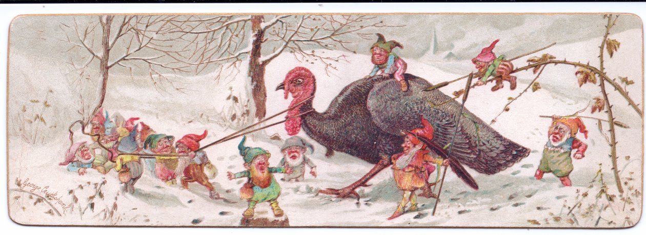 Et victoriansk julekort af en gruppe ondsindede elvere, der leder en fanget kalkun, ca. 1895 (farve litho) af George Cruikshank