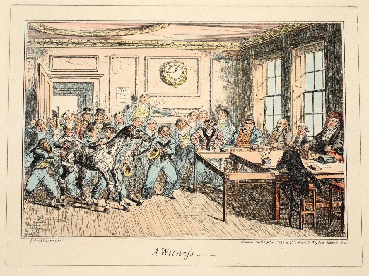 A Witness, from Greenwich Hospital, a Serie of Naval Skitser, Descriptive of a Life of a Man-of-Wars Man, pub. 1825 (håndfarvet gravering) af George Cruikshank