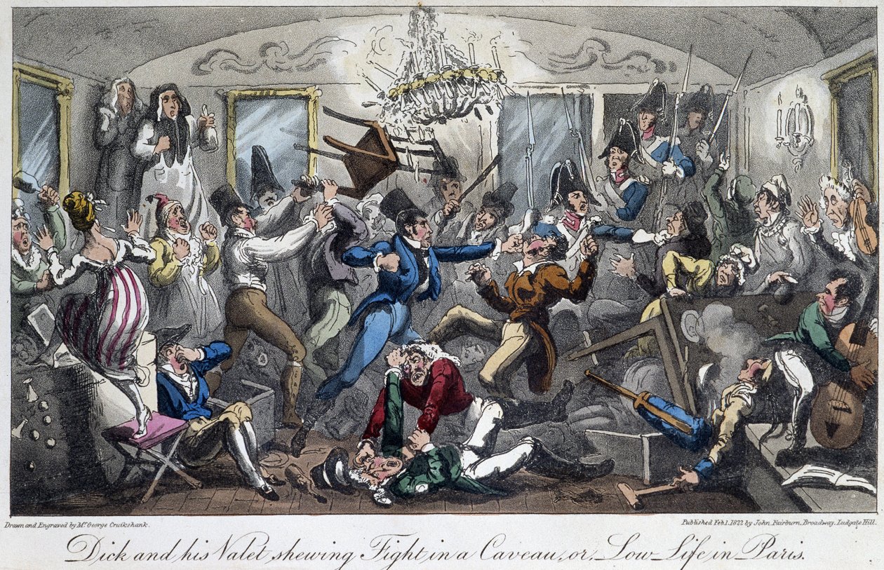 Et slagsmål i en kælder i byen - i "Life in Paris" af David Carey, London af George Cruikshank