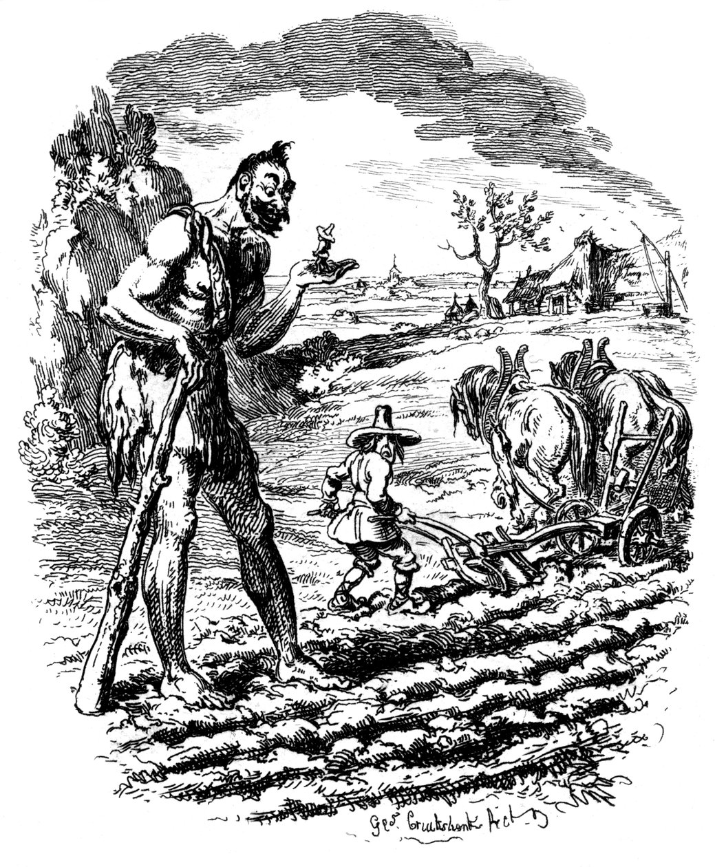 En kæmpe står på en mark, mens en bonde pløjer, 1800-tallet. af George Cruikshank