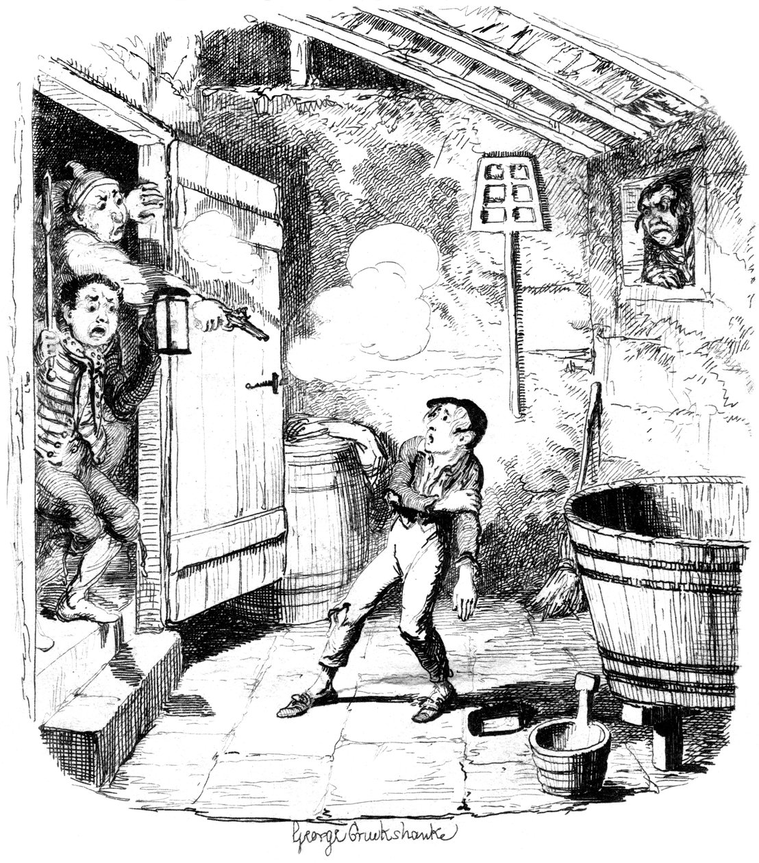 En mand skyder en ung dreng, som han mistænker for at stjæle fra det 19. århundrede. af George Cruikshank