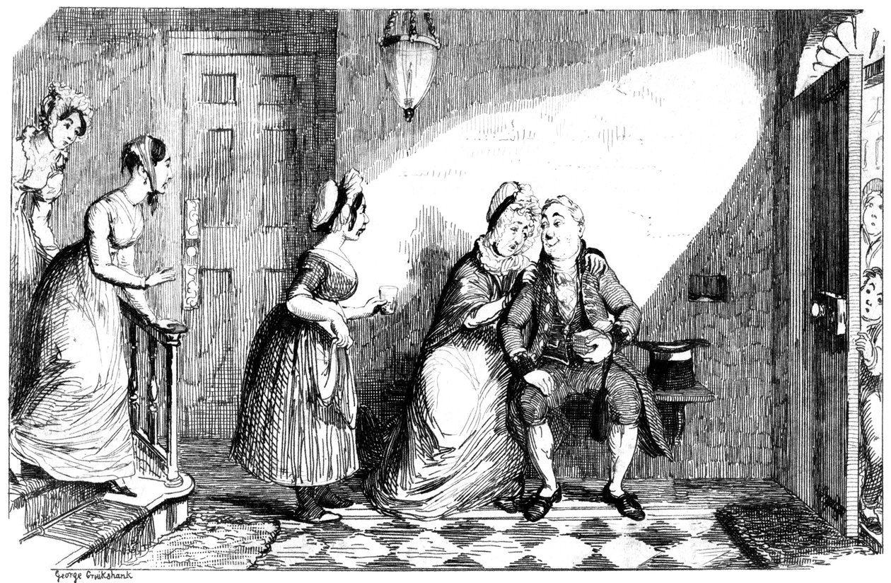 En række kvinder tager sig af en dårlig mand, 1800-tallet. af George Cruikshank