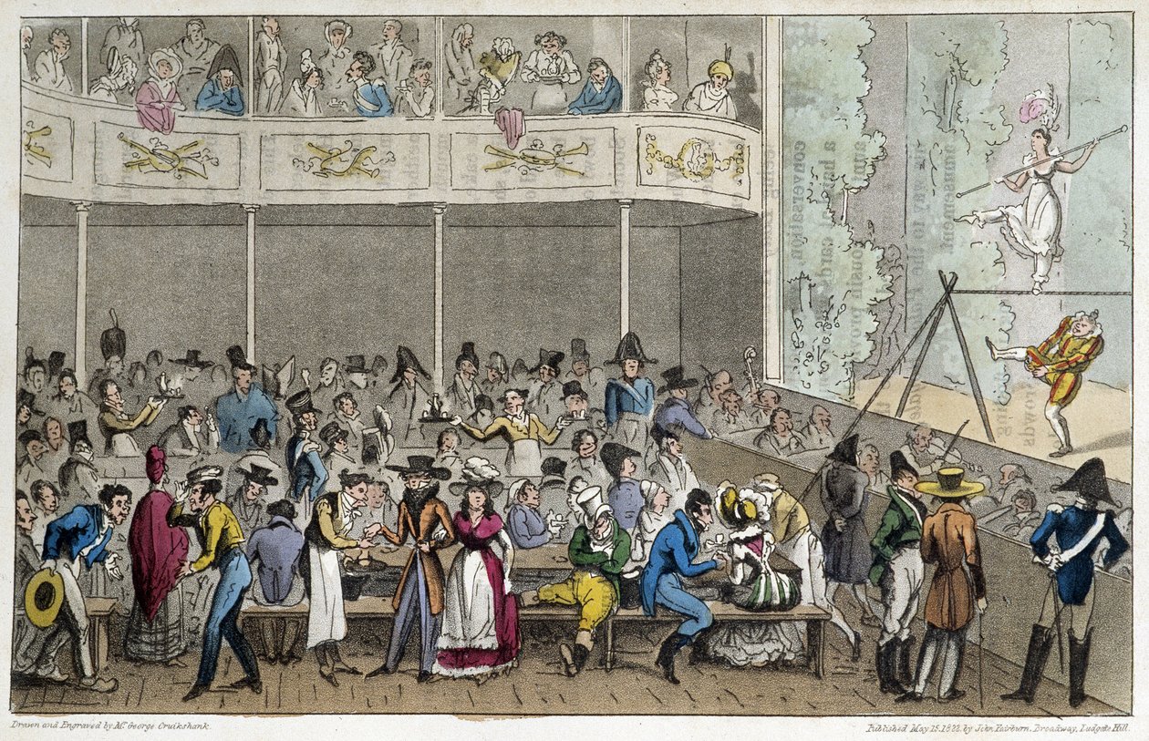 Akrobatshow på Café de la Paix - i "Life in Paris" af David Carey, London af George Cruikshank