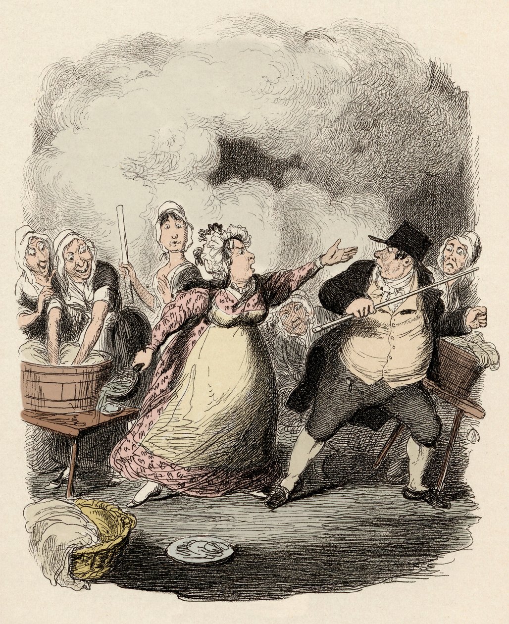 På hospice bliver Monsieur Bumble alvorligt frastødt af sin kone, Madame Corney - Mr. Bumble nedværdiget i de fattiges øjne - Illustration til "Oliver Twist" (Olivier) (The Adventures of Oliver Twist) af Charles Dickens (1812-1870) , af George Cruikshan af George Cruikshank