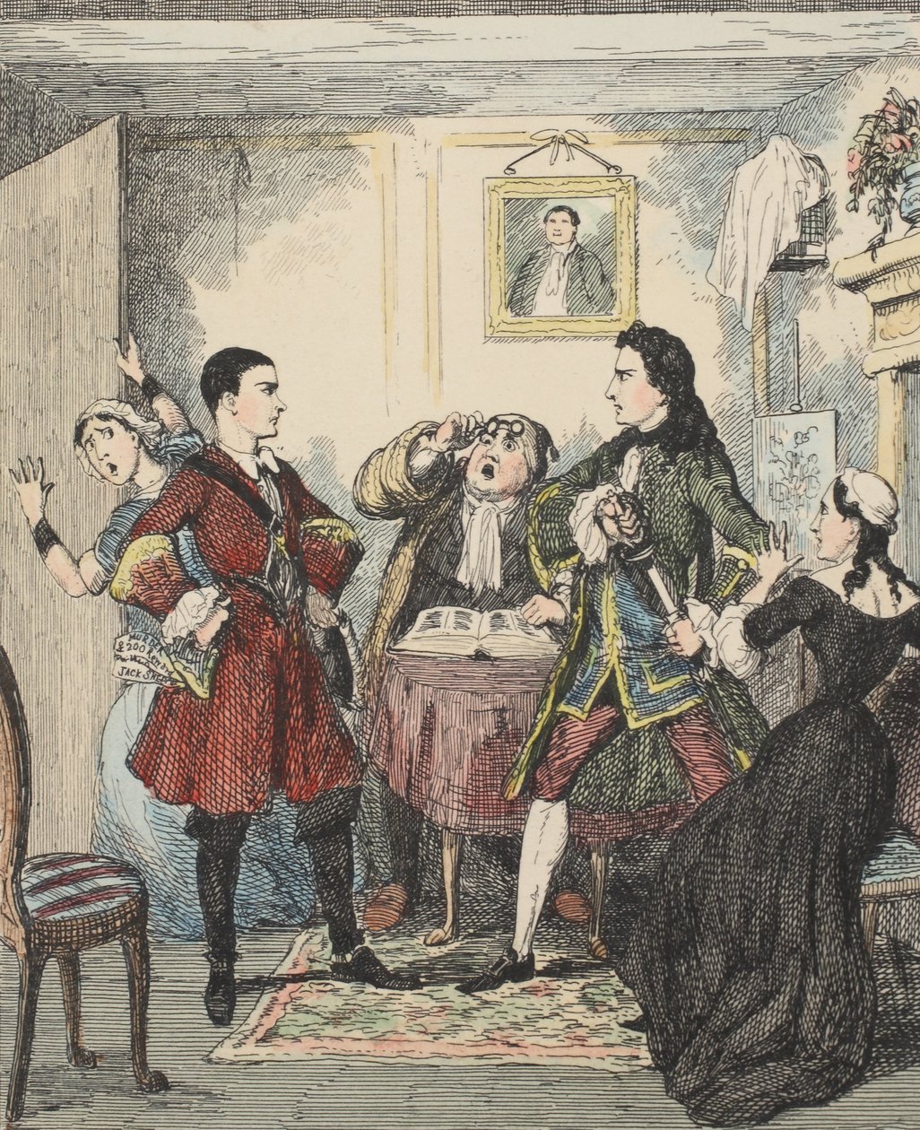 Audacity of Jack Sheppard, illustration fra Jack Sheppard: A Romance af William Harrison Ainsworth, udgivet 1839 (håndfarvet radering) af George Cruikshank