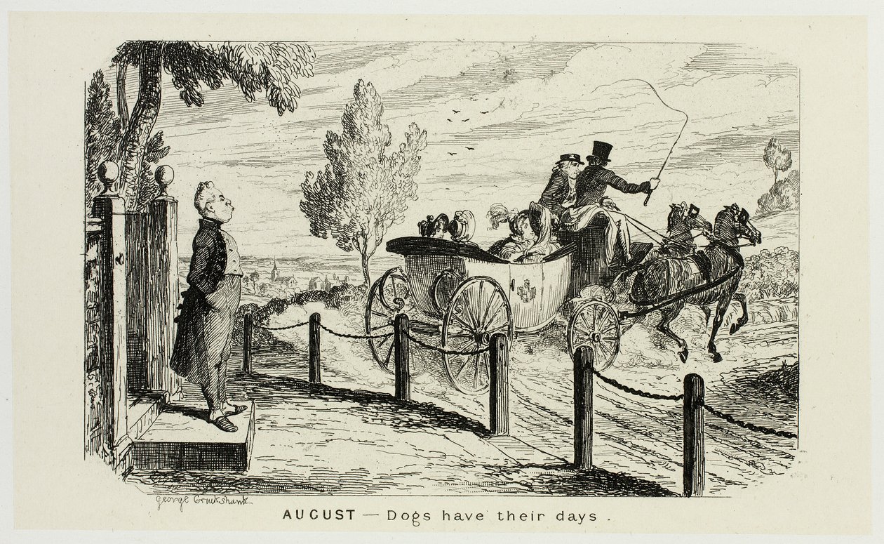 August - Hunde har deres dage fra George Cruikshanks stålstik til The Comic Almanacks: 1835-1853 af George Cruikshank