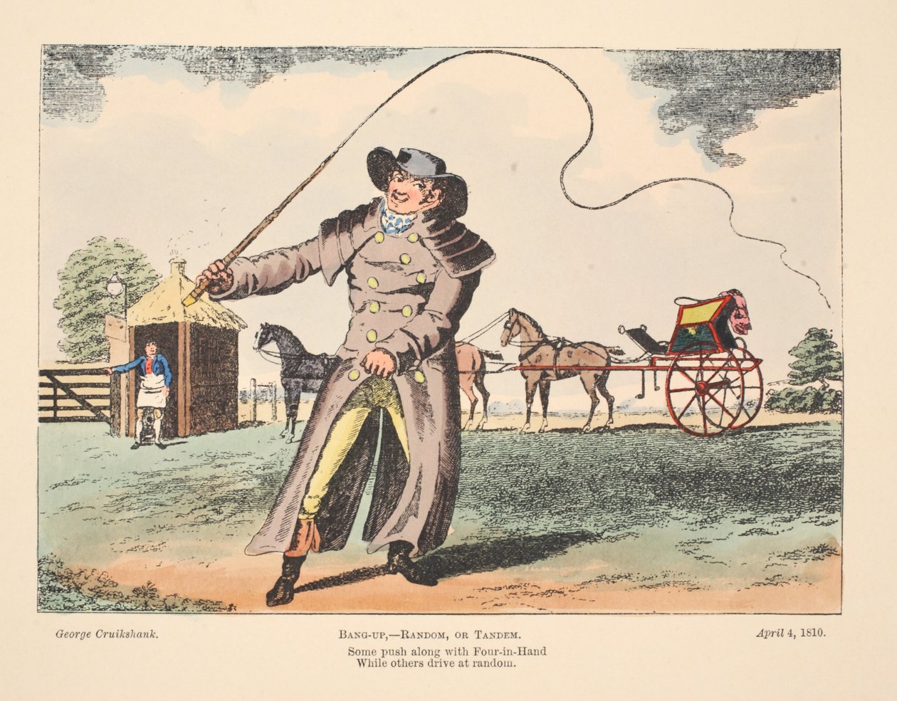 Bang-Up, Random eller Tandem, nogle skubber sammen med Four In Hand, mens andre kører tilfældigt, 1810 (håndfarvet gravering) af George Cruikshank