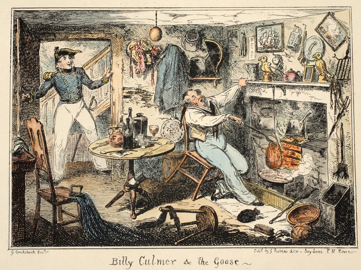 Billy Culmer & the Goose, fra Greenwich Hospital, en serie af flådeskitser, Descriptive of a Life of a Man-of-Wars Man, pub. 1826 (håndfarvet gravering) af George Cruikshank
