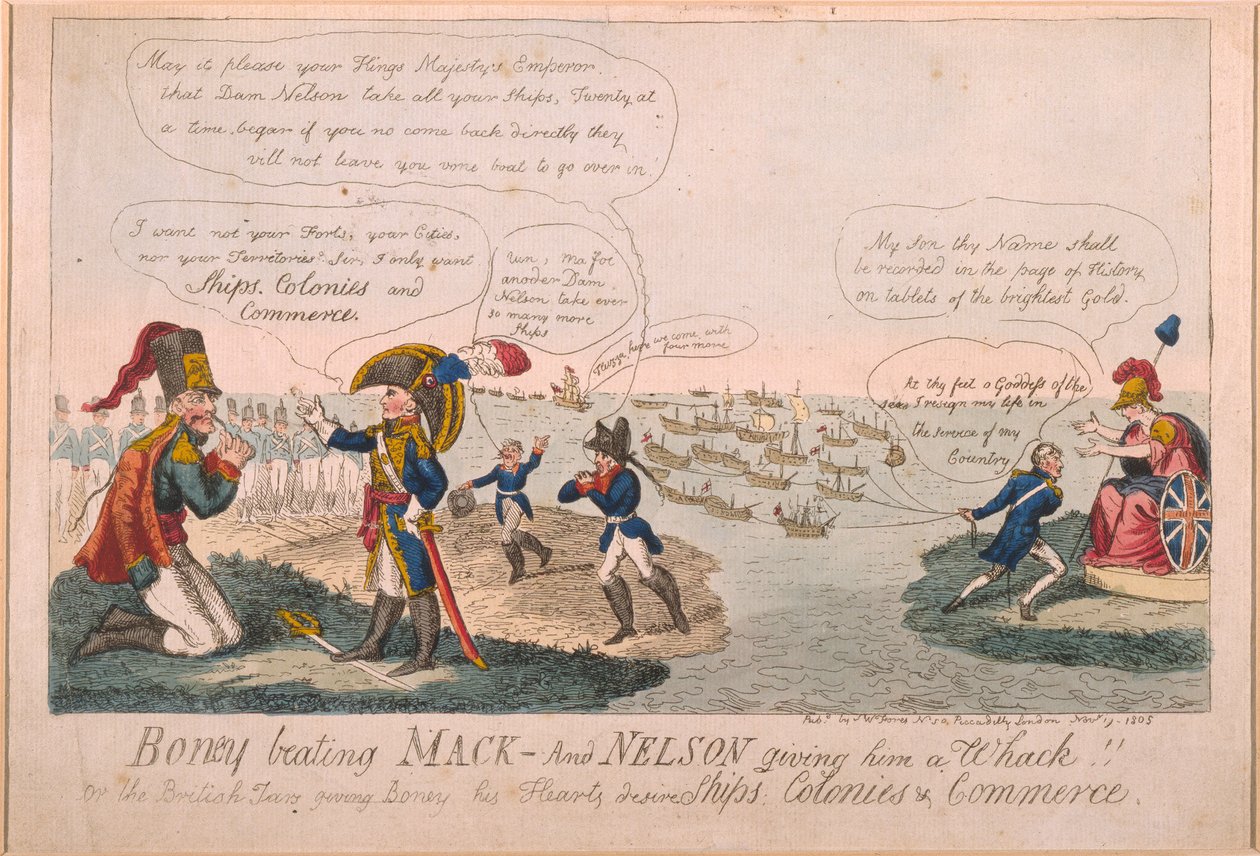Boney Beating Mack - And Nelson Giving Him a Whack!, 1805 (farvet radering) af George Cruikshank