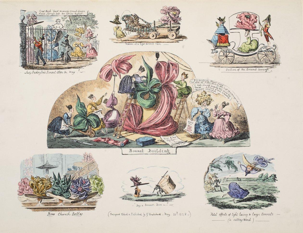 Bonnet Building, pub. 1828 (håndfarvet gravering) af George Cruikshank