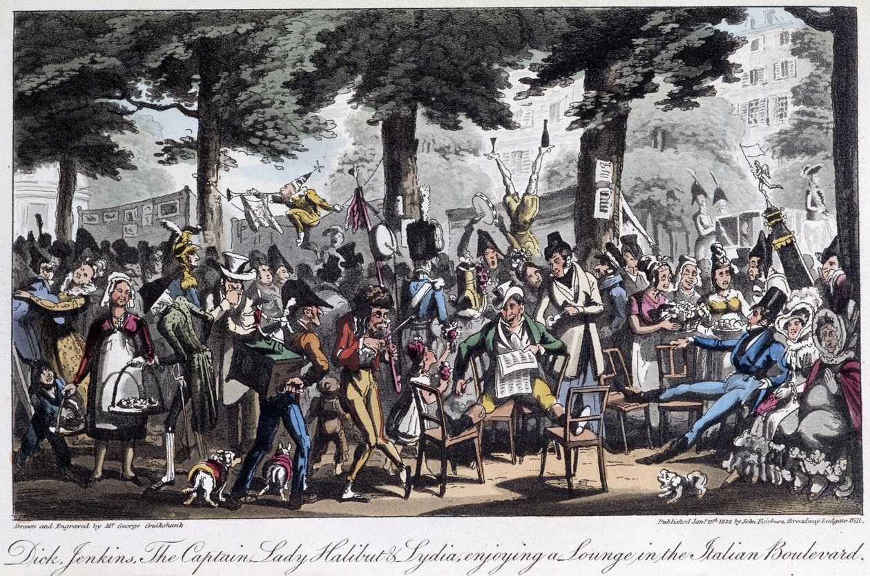 Boulevard des Italiens - i "Life in Paris" af David Carey, London af George Cruikshank
