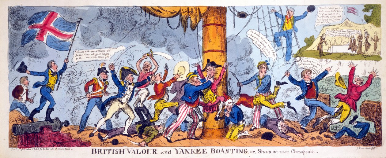 British Valor and Yankee Boasting eller, Shannon versus Chesapeake, pub. 1813 (håndfarvet gravering) af George Cruikshank