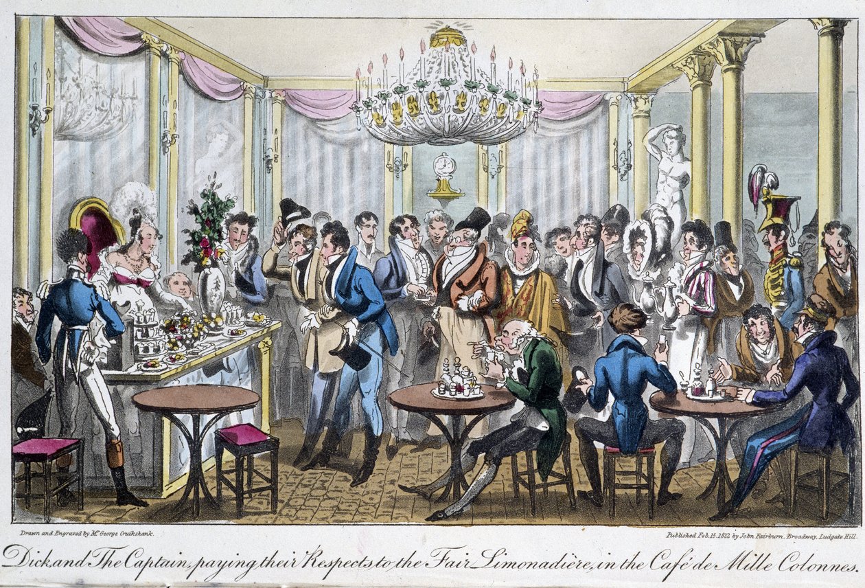 Café des Milles-søjler - i "Life in Paris" af David Carey, London af George Cruikshank