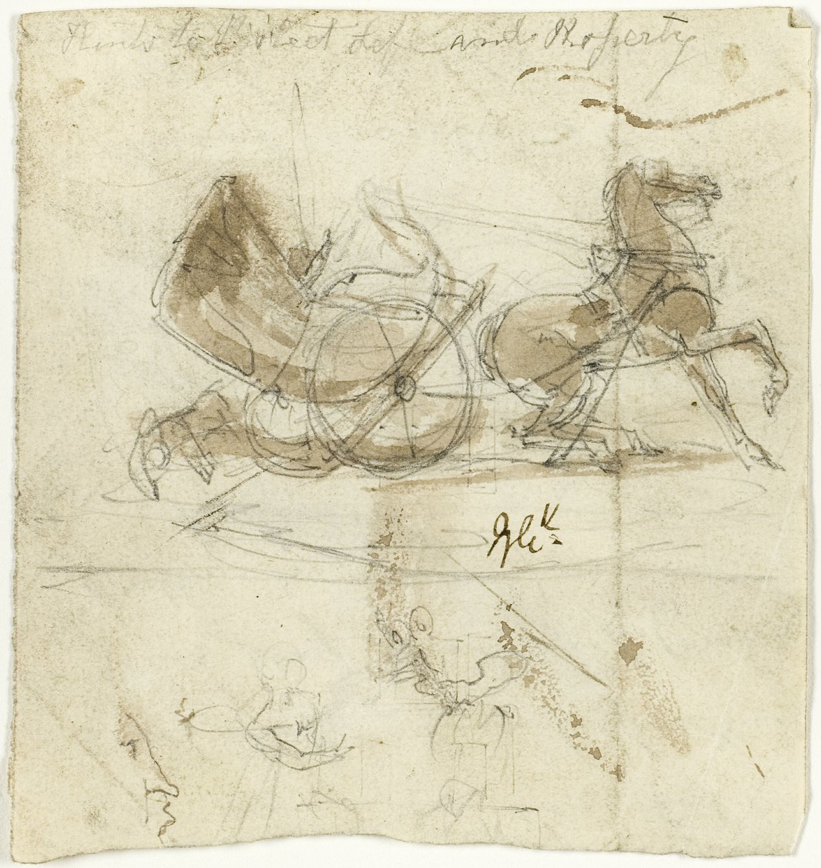 Karikatur af sig selv (recto); Cab Thrown by a Horse, with Other Sketches (verso) af George Cruikshank