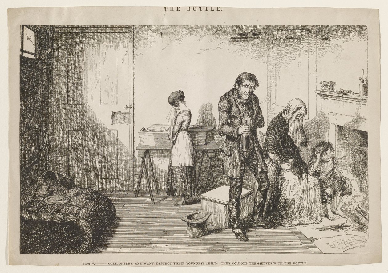 Kulde, elendighed og nød ødelægger deres yngste barn: De trøster sig med flasken. af George Cruikshank