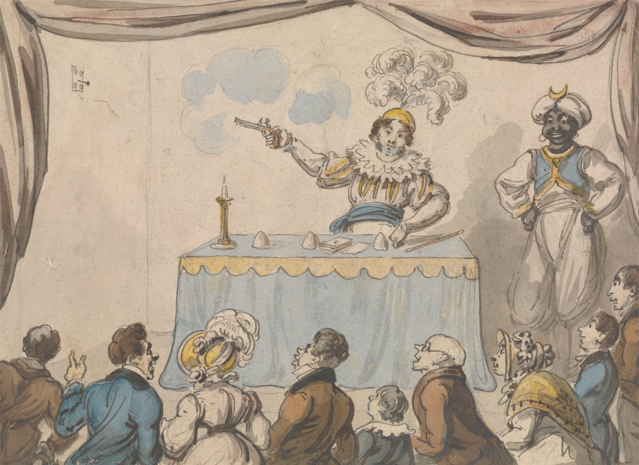 Tryllekunstner med pistol og kort af George Cruikshank