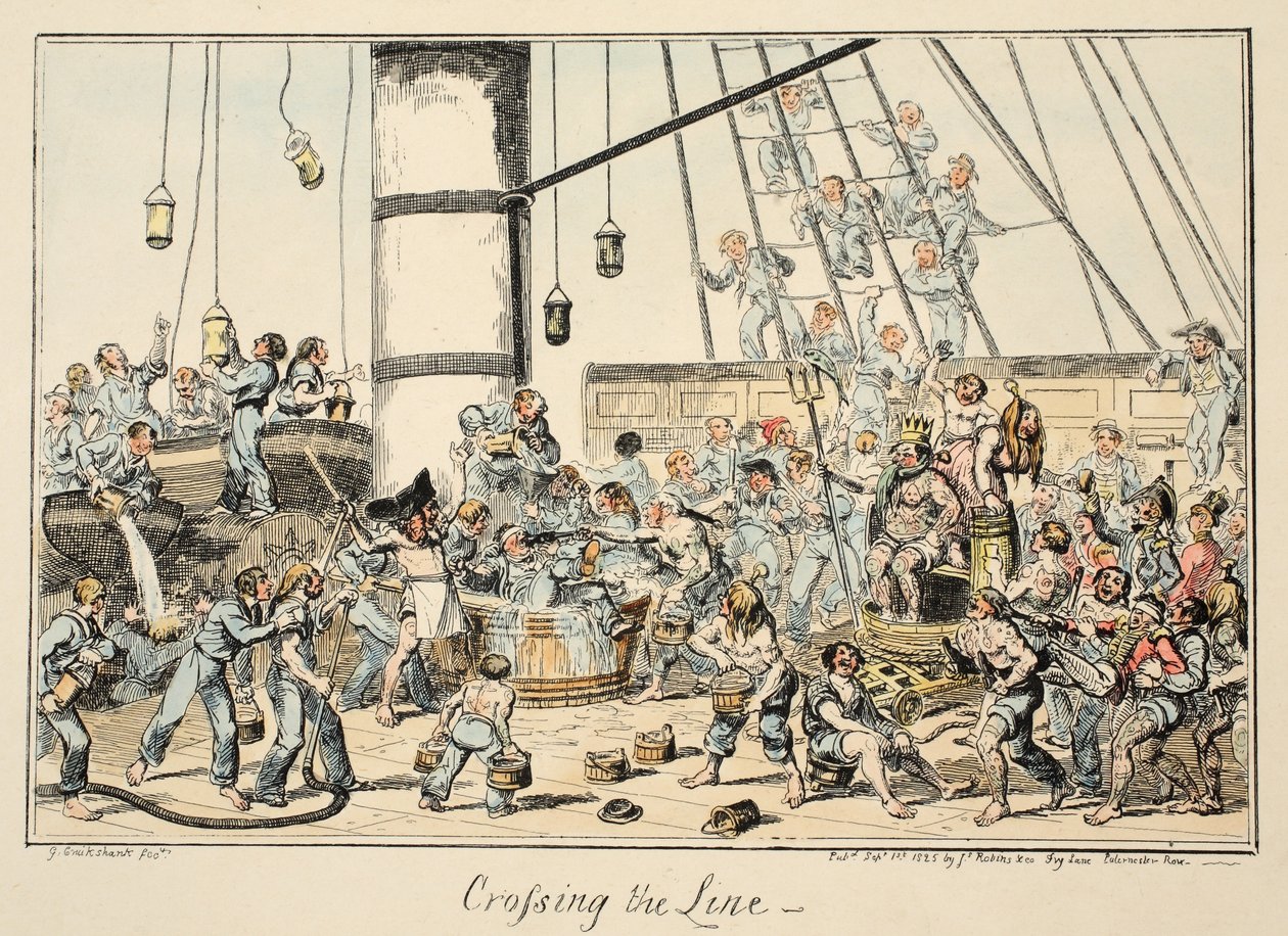 Crossing The Line, fra Greenwich Hospital, en serie af flådeskitser, Descriptive of a Life of a Man-of-Wars Man, pub. 1825 (håndfarvet gravering) af George Cruikshank
