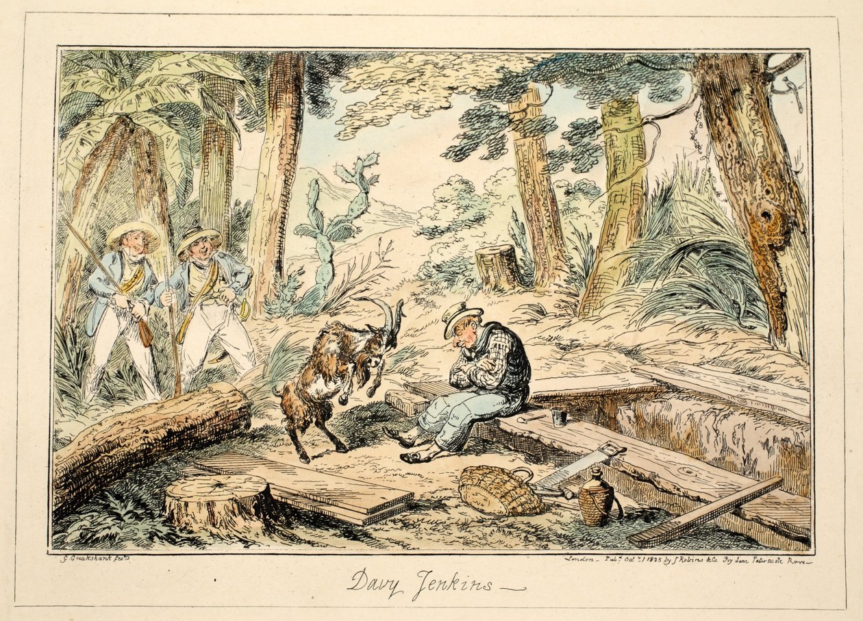 Davy Jenkins, fra Greenwich Hospital, en serie af flådeskitser, Descriptive of a Life of a Man-of-Wars Man, pub. 1826 (håndfarvet gravering) af George Cruikshank