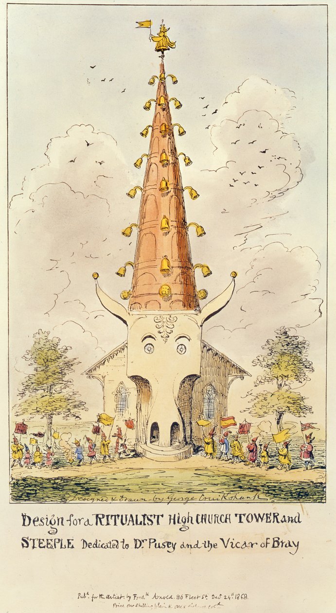 Design til et ritualistisk højkirketårn og tårn, dedikeret til Dr. Pusey and the Vicar of Bray, 1868 (tryk) af George Cruikshank