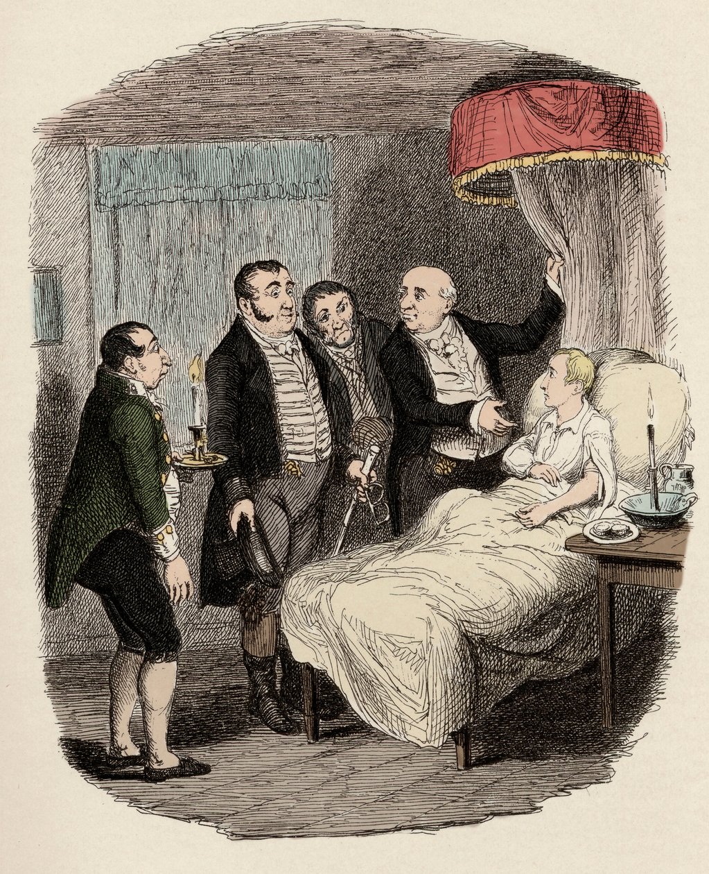 Dr. Losberne viser Oliver til Bow Street politibetjente - Oliver ventede på af Bow Street Runners - Illustration til "" Oliver Twist"" (Oliver) (The Adventures of Oliver Twist) af Charles Dickens (1812-1870), af George Cruikshank (1792-1878). af George Cruikshank