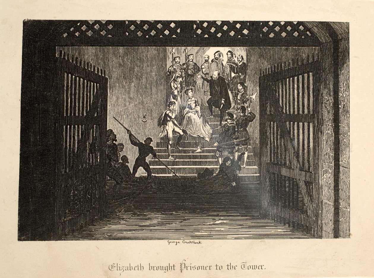 Elizabeth bragte fangen til Tower, fra The Tower of London, pub. 1840 af George Cruikshank