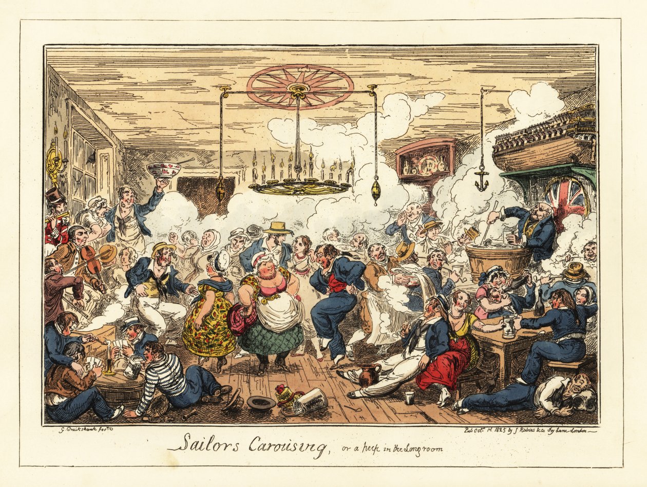 Engelske sømænd, der drikker og danser på en pub, Napoleons æra, 1829 (litografi) af George Cruikshank
