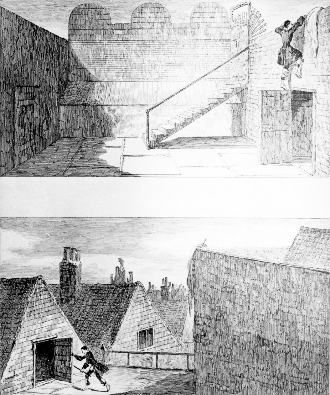 Flugt nr. 3, fra "Jack Sheppard" af W. H. Ainsworth, udgivet i 1839 af George Cruikshank