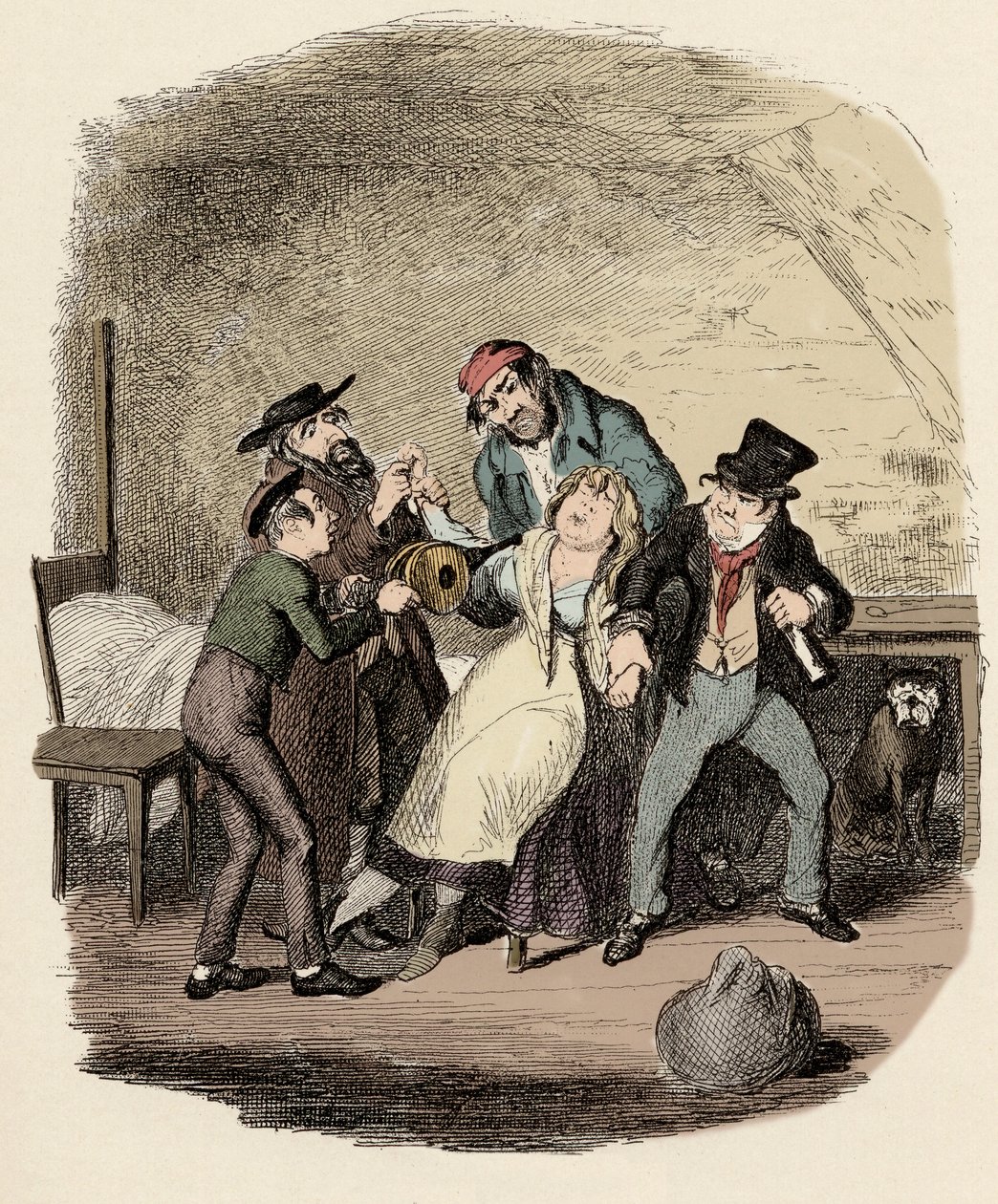 Fagin, Charley Bates, Kikes og Dawkins genopliver Nancy - Mr. Fagin og hans elev genopliver Nancy - Illustration til "" Oliver Twist"" (Oliver) (The Adventures of Oliver Twist) af Charles Dickens (1812-1870), af George Cruikshank ( 1792-1878). af George Cruikshank