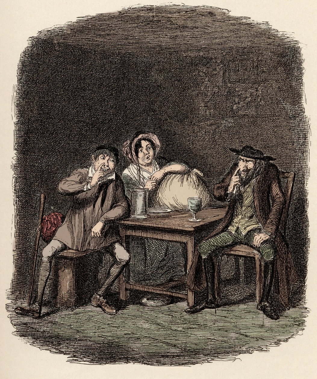 Fagin gør forretninger med Morris Bolter, alias Noe Claypole, og Charlotte - Jøden og Morris Bolter begynder at forstå hinanden - Illustration til "" Oliver Twist"" (Olivier) (The Adventures of Oliver Twist) af Charles Dickens (1812-1870) ), af George af George Cruikshank