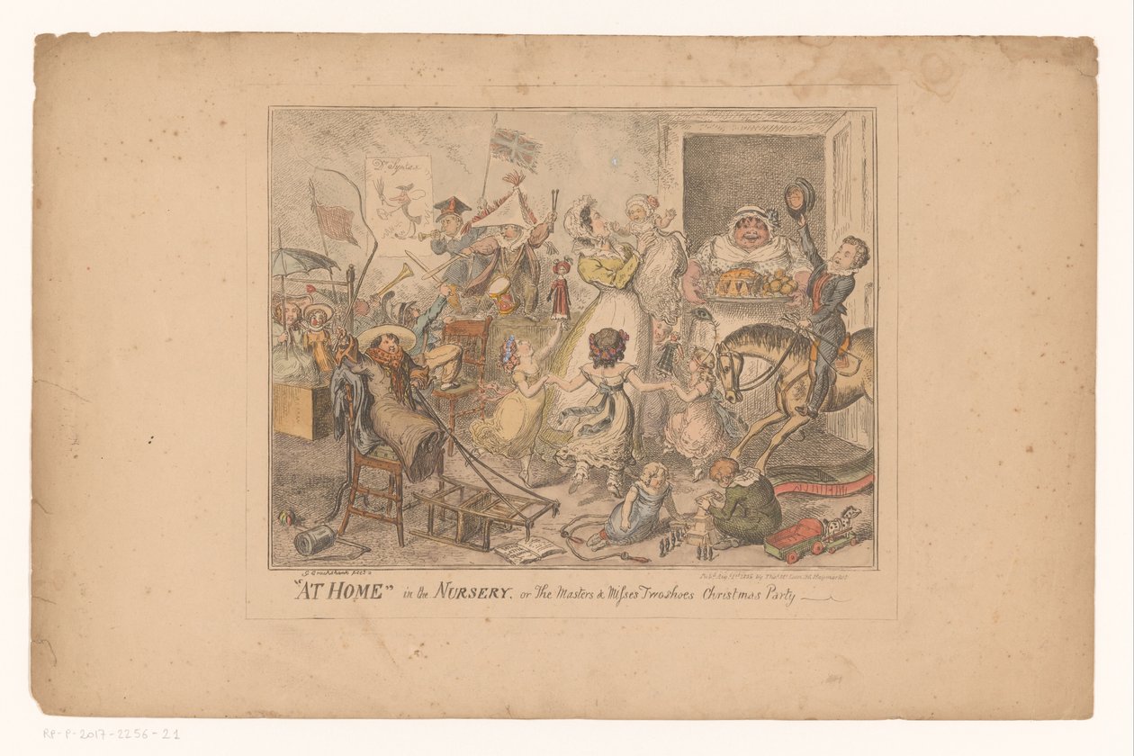 Feest i børneværelset Hjemme i børnehaven, eller mestre og savner twoshoes julefest (titel på objekt) af George Cruikshank