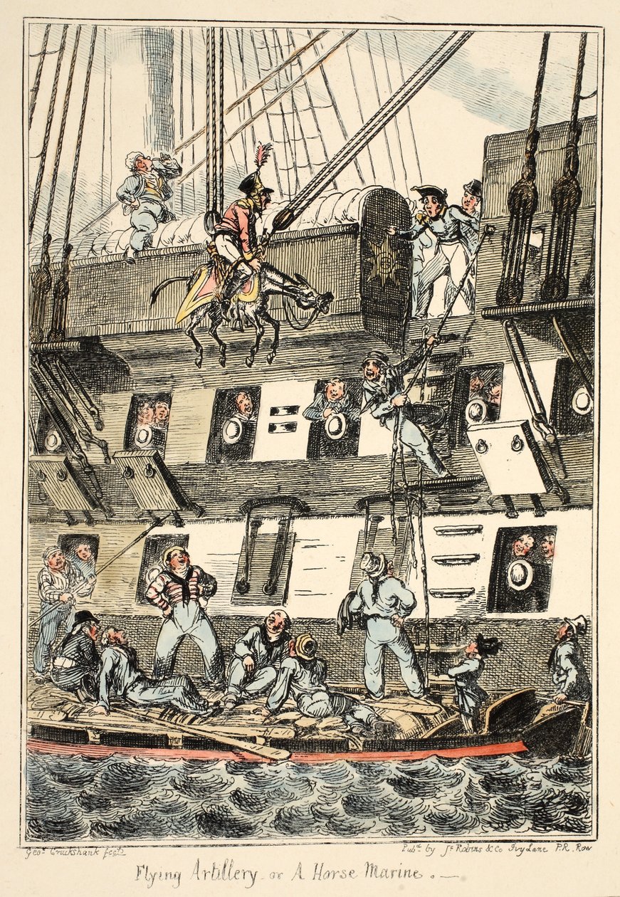 Flying Artillery or A Horse Marine, fra Greenwich Hospital, en serie flådeskitser, Descriptive of a Life of a Man-of-Wars Man, pub. 1826 (håndfarvet gravering) af George Cruikshank