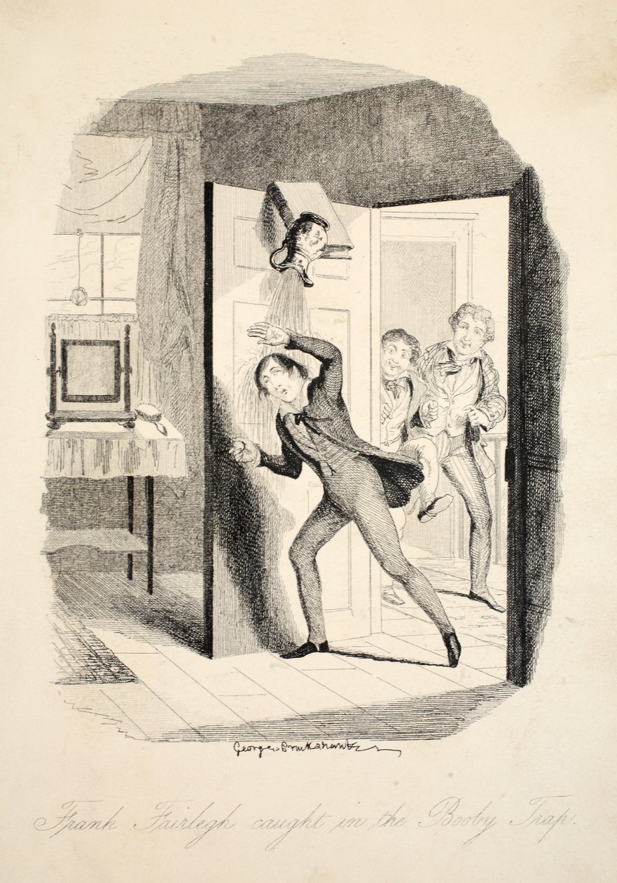 Frank Fairlegh Catught in the Booby Trap, fra Frank Fairlegh eller Scenes From the Life of a Private Pupil, pub. ca. 1870 af George Cruikshank