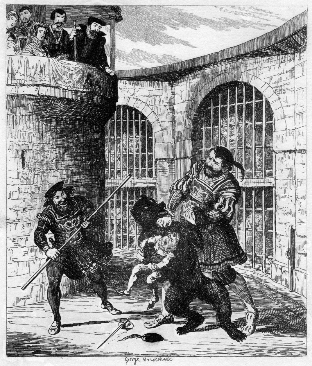 Gog frigør Xit fra bjørnen i Lions Tower, 1840 af George Cruikshank