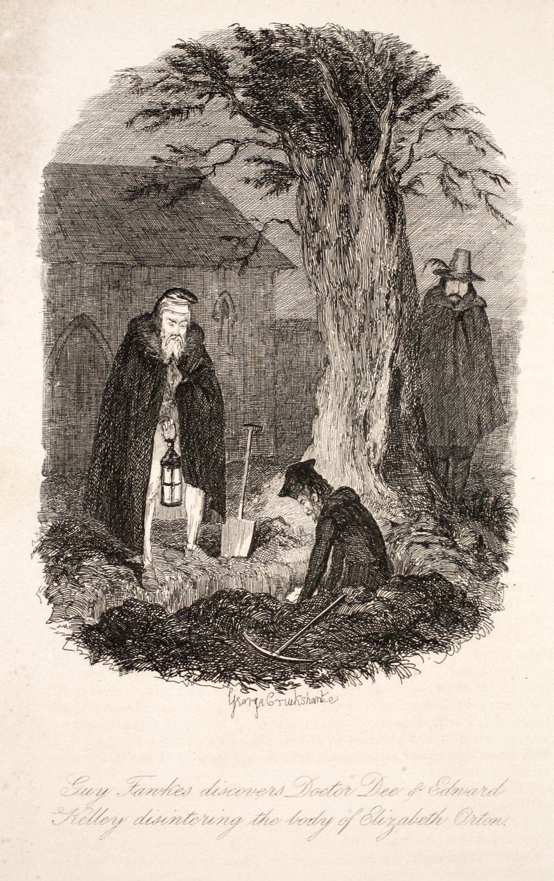 Guy Fawkes opdagede, at Doctor Dee og Edward Kelley disintered liget af Elizabeth Orton, illustration fra Guy Fawkes, eller Gunpowder Treason: an Historical Romance, af William Harrison Ainsworth, pu af George Cruikshank