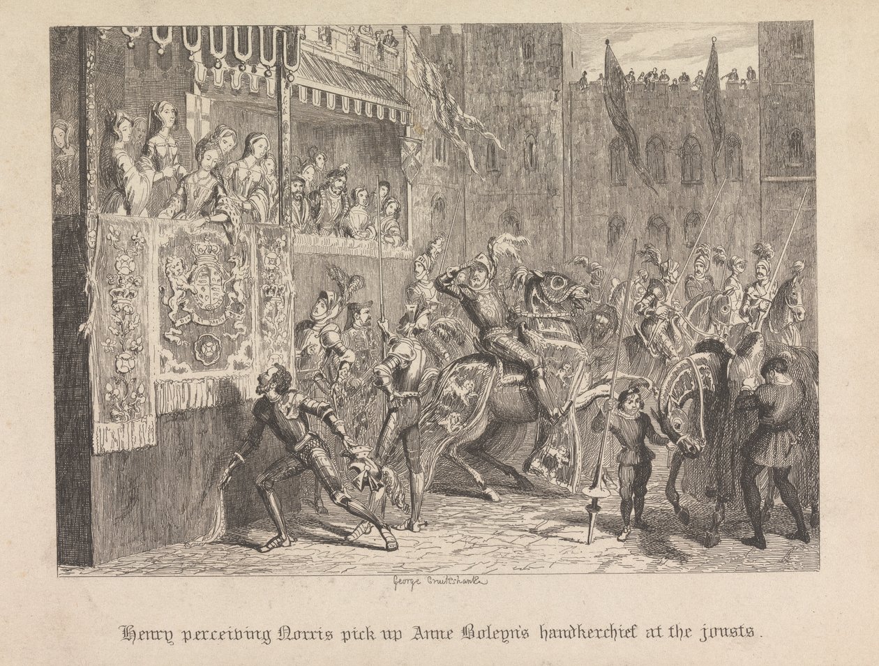 Henry opfatter Norris tage Anne Boleyns lommetørklæde op ved dysterne af George Cruikshank