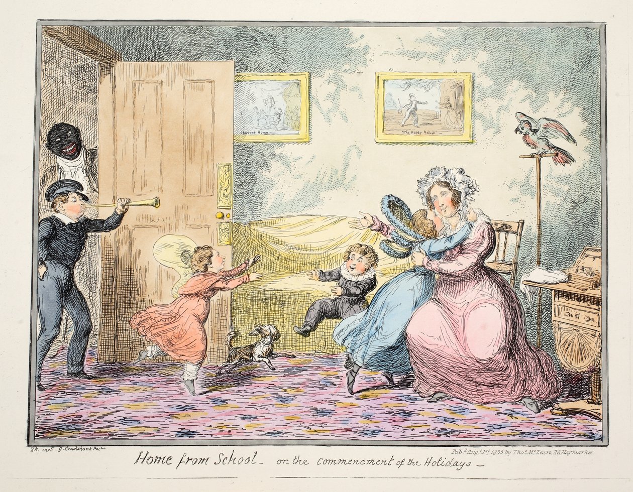 Hjemme fra skole eller feriens begyndelse pub. 1835 (håndkoloreret gravering) af George Cruikshank