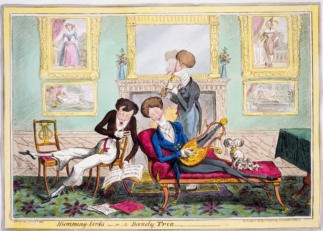 Humming-birds, eller en Dandy Trio, pub. 1819 (håndfarvet gravering) af George Cruikshank