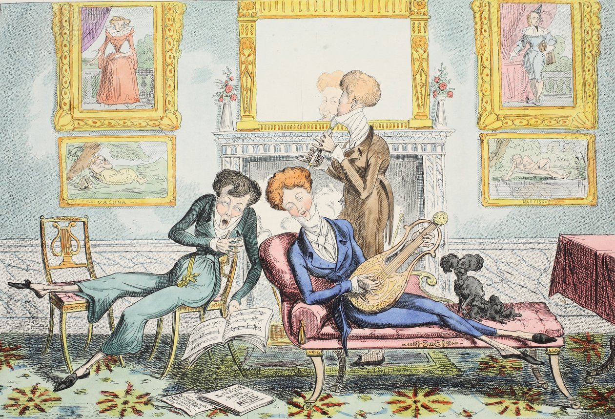 Hummingbirds or A Dandy Trio, pub. 1835 (håndfarvet gravering) af George Cruikshank