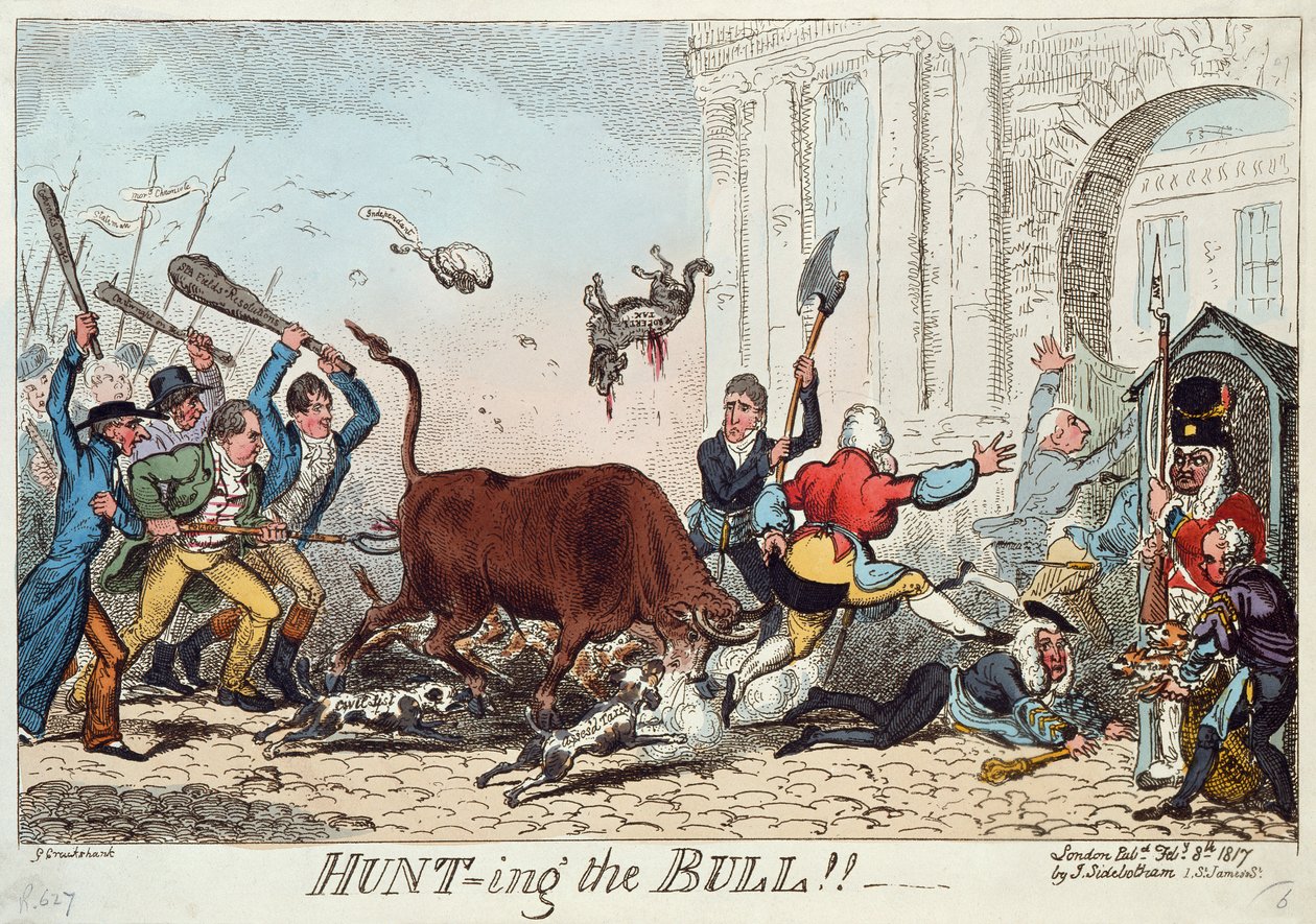 Hunting the Bull, 1817 (farveætsning) af George Cruikshank