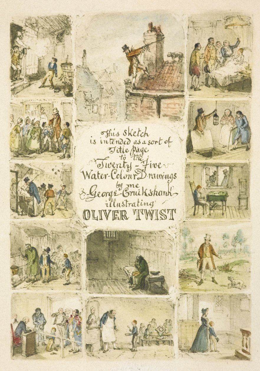 Illustration til titelbladet "Oliver Twist" af George Cruikshank