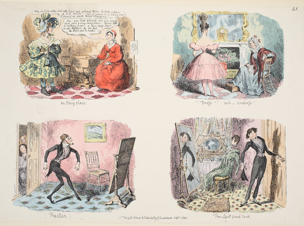 Illustration fra The Whole Art of Dress eller The Road to Elegance and Fashion, pub. 1832 (håndfarvet gravering) af George Cruikshank