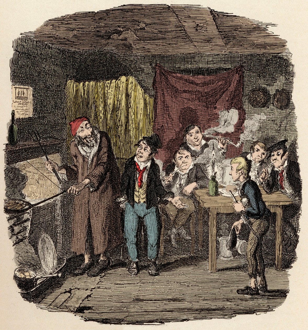 I London præsenterer Jack Dawkins kaldet ræven Oliver for Fagin og hans hold af malfrater - Oliver introduceret til den respektable gamle herre - Illustration til "Oliver Twist" (Olivier) (The Adventures of Oliver Twist) af Charles Dickens (1812-1870) , af af George Cruikshank