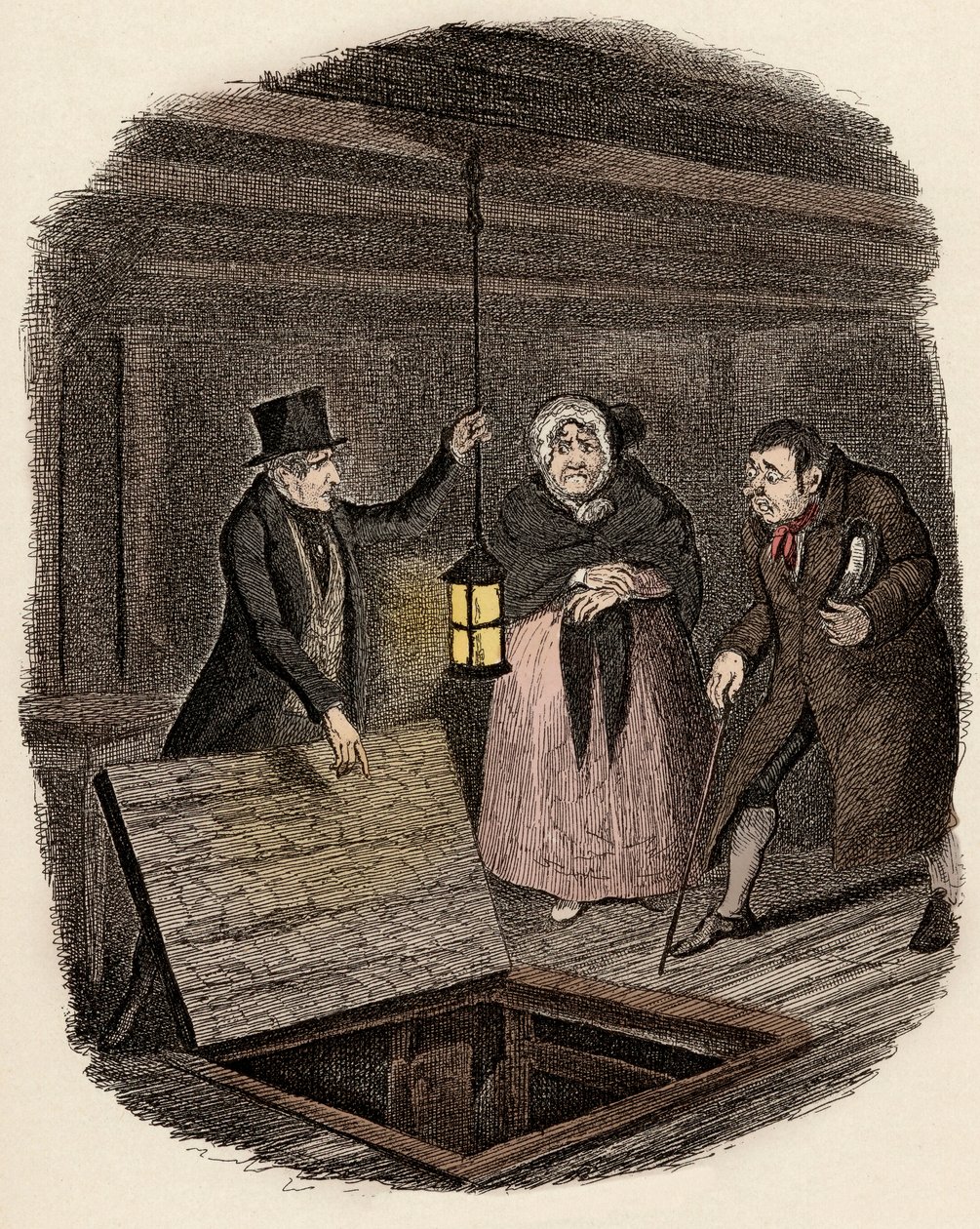 I overværelse af Monsieur Bumble og Madame Corney forsvinder Monks medaljonen af Oliver Twist - Beviserne ødelægges - Illustration til "Oliver Twist" (Oliver) (Oliver) (The Adventures of Oliver Twist) af Charles Dickens (1812-1870), af George Cruikshank ( af George Cruikshank