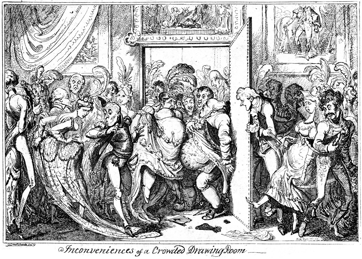 Ulejlighed med en overfyldt stue, 1818. af George Cruikshank