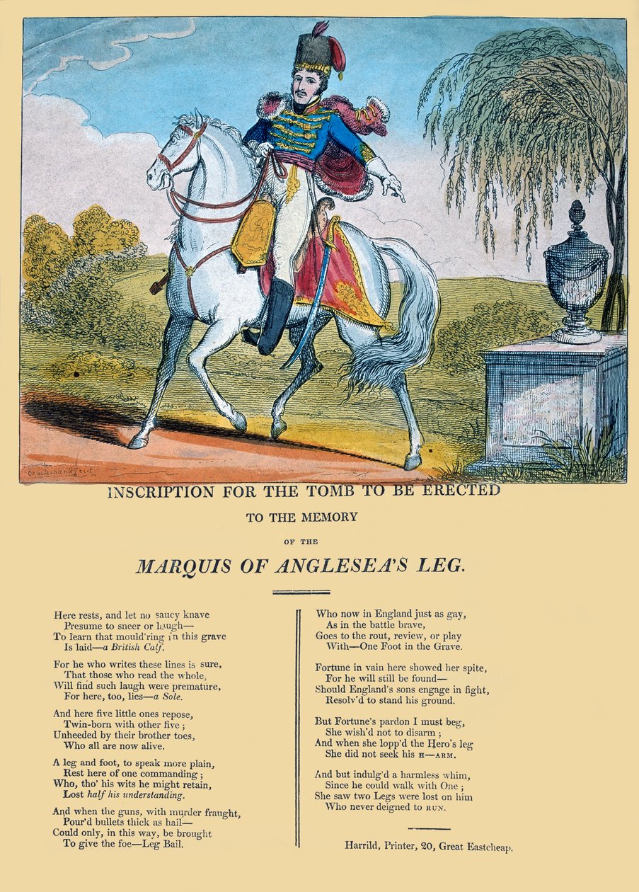 Inskription til graven, der skal rejses til minde om markisen af Angleseas ben, udgivet af R. Harrild, ca. 1815 af George Cruikshank