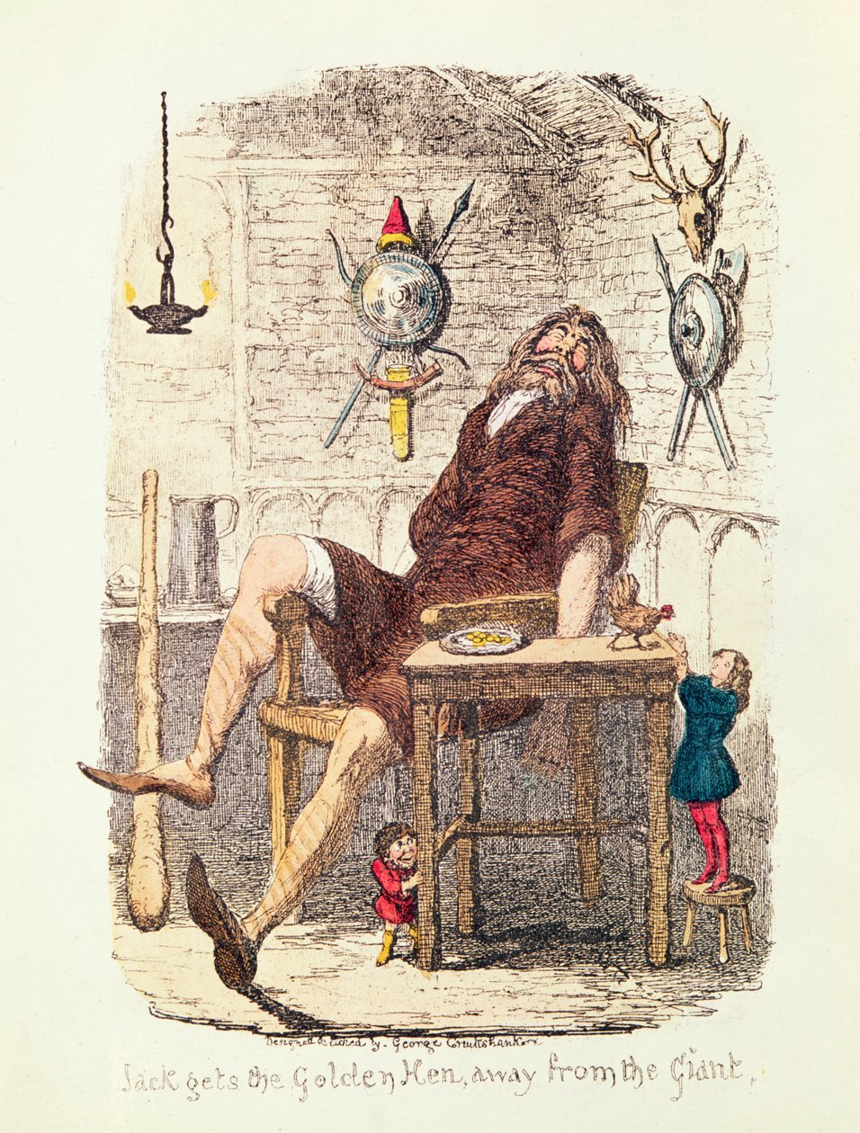 Jack får den gyldne høne væk fra kæmpen (farve litho) af George Cruikshank