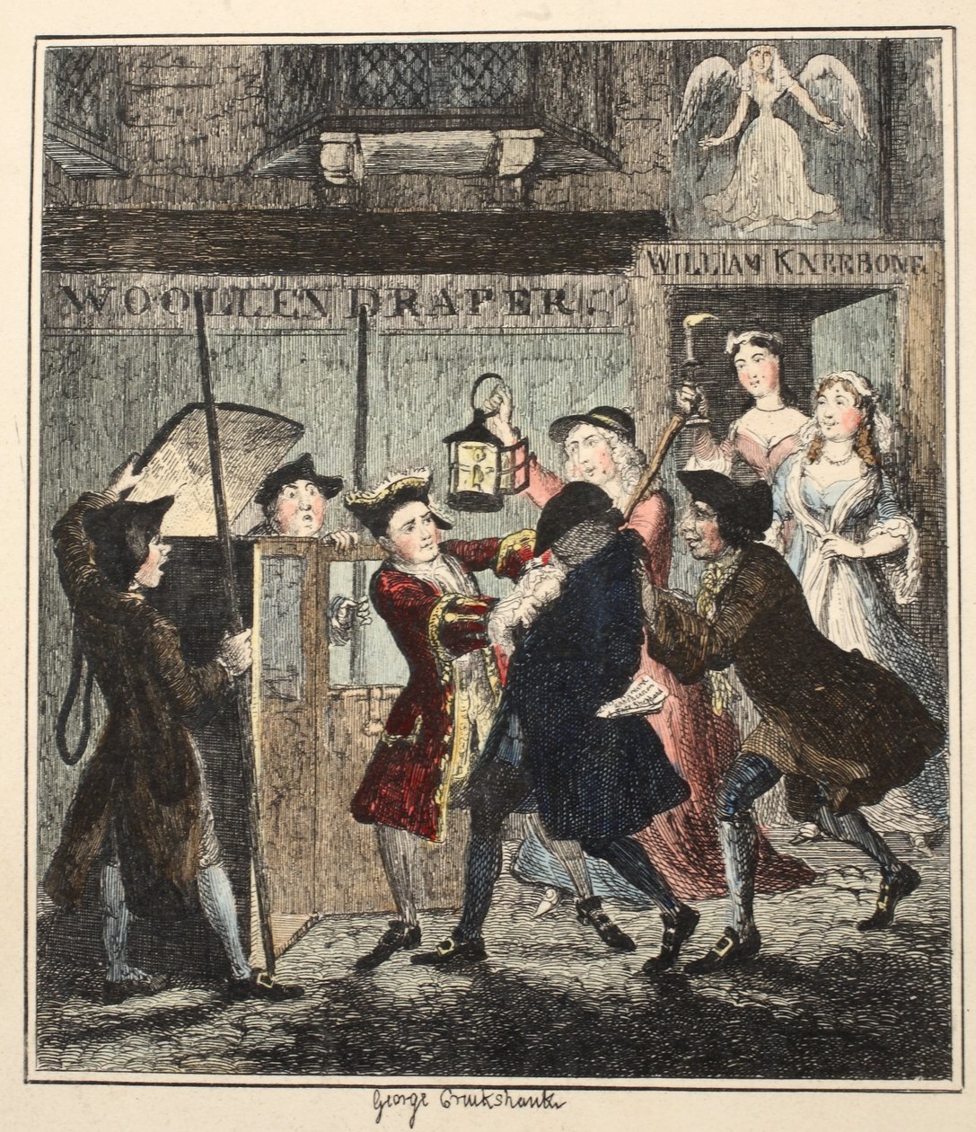 Jack Sheppard Tricking Shotbolt, illustration fra Jack Sheppard: A Romance af William Harrison Ainsworth, udgivet 1839 (håndfarvet radering) af George Cruikshank