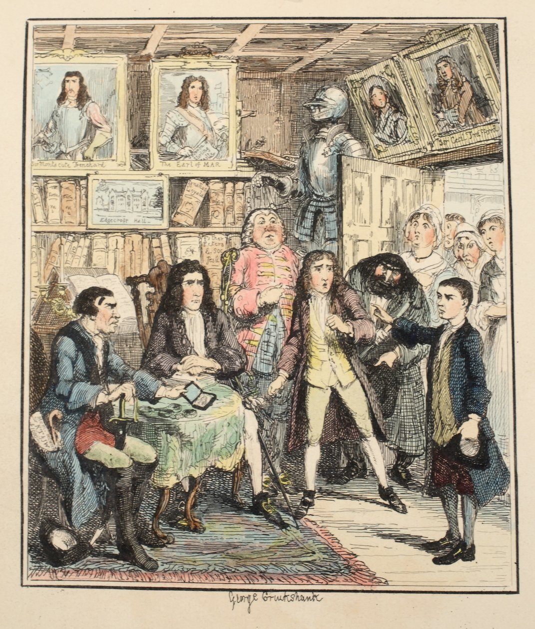 Jack Sheppard anklager Thames Darrell for Theft, illustration fra Jack Sheppard: A Romance af William Harrison Ainsworth, udgivet 1839 (håndfarvet radering) af George Cruikshank