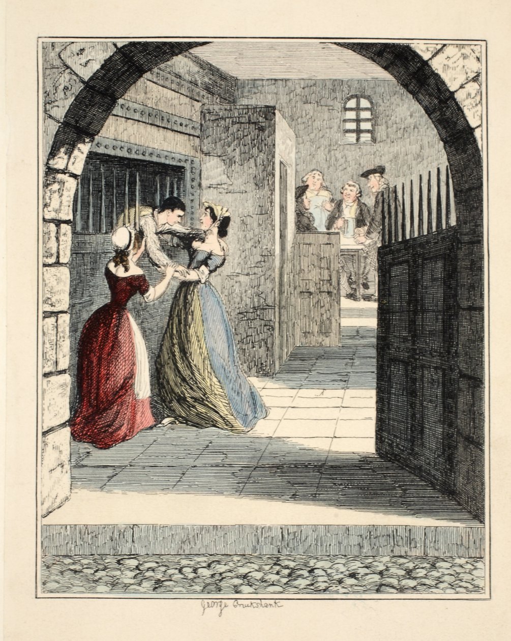 Jack Sheppard flygter fra det dømte lastrum i Newgate, illustration fra Jack Sheppard: A Romance af William Harrison Ainsworth, pub. 1839 (håndfarvet gravering) af George Cruikshank