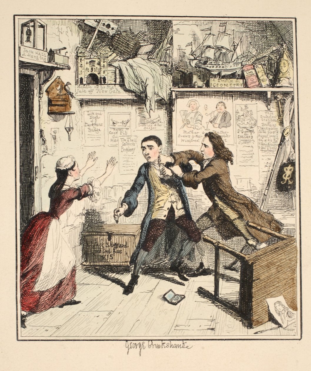 Jack Sheppard udviser en hævngerrig karakter, illustration fra Jack Sheppard: A Romance af William Harrison Ainsworth, udgivet 1839 (håndkoloreret radering) af George Cruikshank